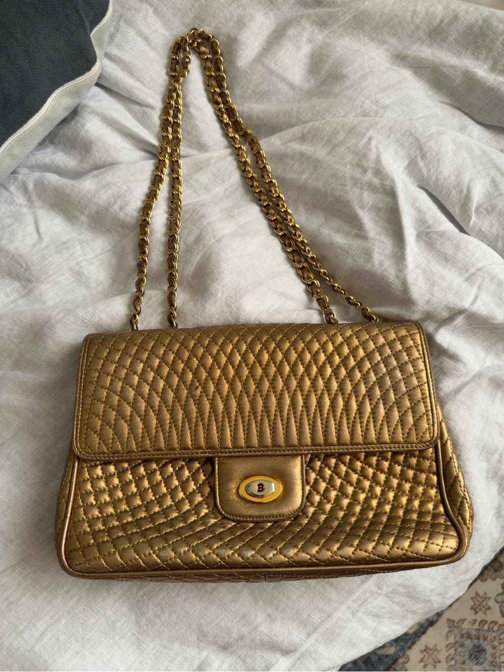 Vintage Bally Metallic Gold Quilted Leather Chain Shoulder Bag Made in Italy